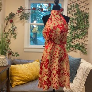 Red and beige floral halter dress